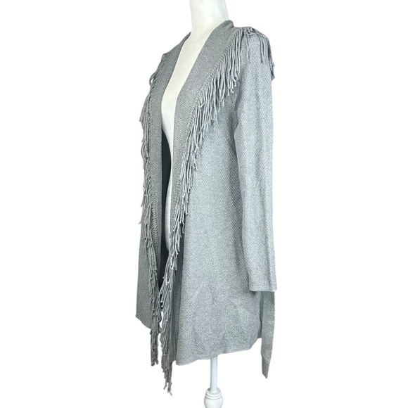 NEW J.Jill Long Fringe Cardi XS Petite Gray Belt Shawl Collar Closet Staple - Picture 6 of 13